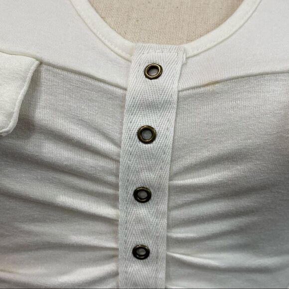 SHARAGANO Ruched Stretchy White Bodycon Button Top - Picture 2 of 7